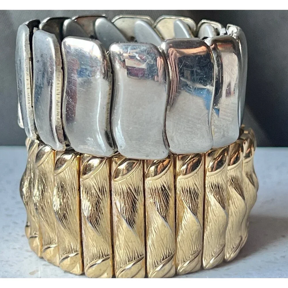 Lot Of 2 Gold Textured Silver-Tone Mid-Century Modern Stretch Bracelets Lot of 2